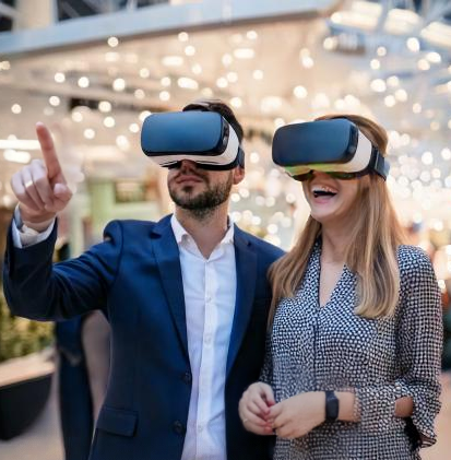 A couple experiencing a virtual tour of a property at a real estate expo. With our immersive 360° VR technology, potential buyers can explore homes and commercial spaces in stunning detail—anytime, anywhere.